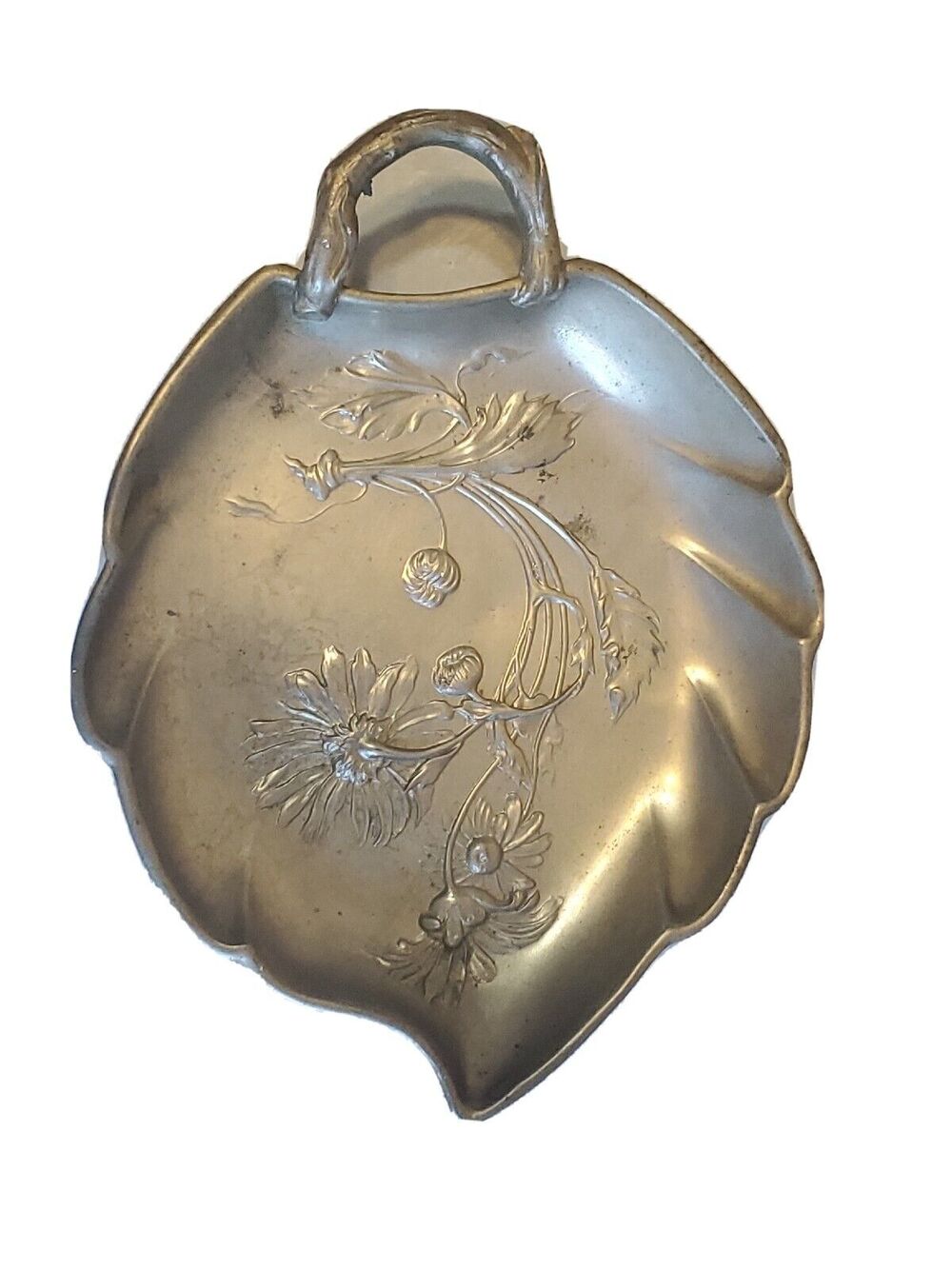 Art Nouveau KAYSERZINN  Raised Flowers Vintage Pewter Leaf Dish Germany 4065